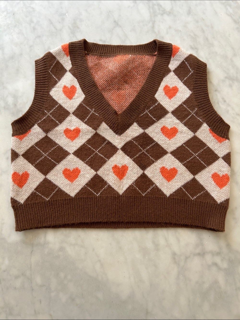 Cutest Brown & Cream Argyle Heart Knit Cropped Sweater Vest - Women